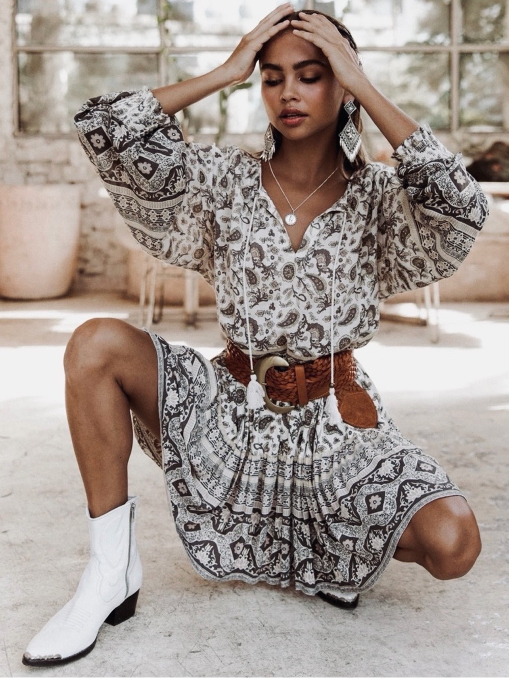 SET!! SPELL AND THE GYPSY Journey Floral Long Sleeve Flowy Blouse Skirt Taupe XS